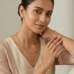Modern Indian working woman wearing minimalist anti-tarnish gold necklace and earrings for office - Virelle Jewellery