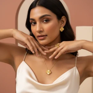 Ananya lightweight anti-tarnish steel gold-tone Alhambra style clover necklace, stud earrings, and adjustable ring set with sunburst texture