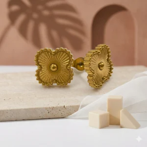 Myra comfortable anti-tarnish steel gold-tone stud earrings with a textured Alhambra clover design for everyday fashion