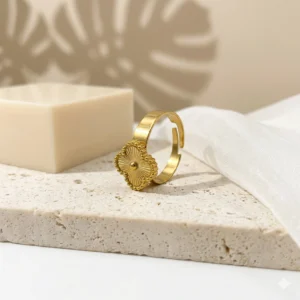 Myra lightweight anti-tarnish steel gold-tone textured clover ring with adjustable band for daily use