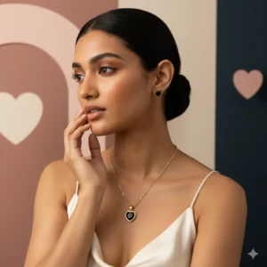 Rhea lightweight anti-tarnish steel matching pendant necklace and stud earrings featuring black heart diamonds